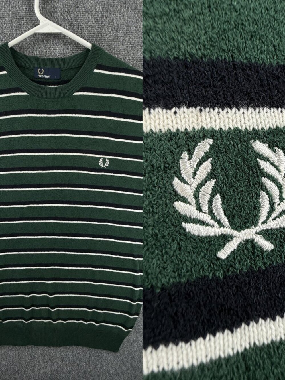 Fred Perry Terry Cloth Men Knit Sweater Large Green Striped Preppy Cotton Blend